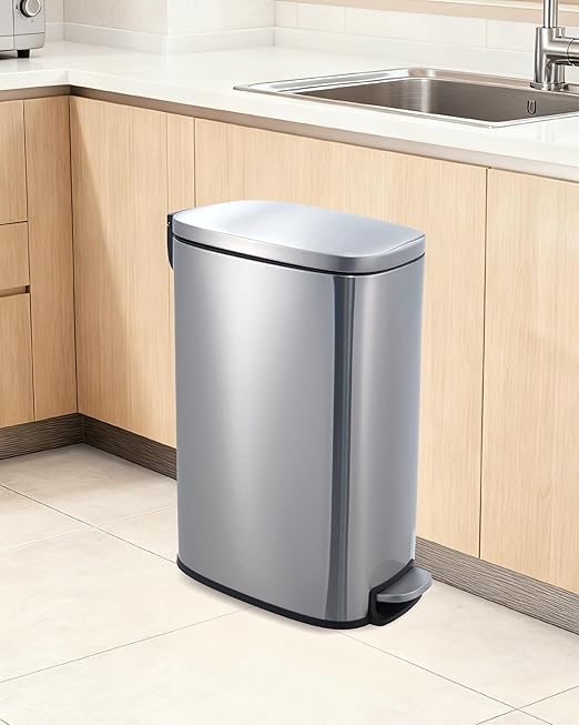 3.2 Gallon / 12 Liter Trash Can Stainless Steel Garbage Can with Removable Inner Bucket for Offices, Hands-Free Kitchen Step Trash Can for Kitchen & Bathroom, Silver