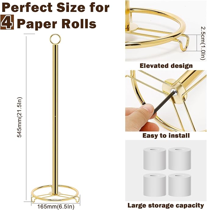 Bath Toilet Paper Holder, Metal Toilet Tissue Roll Organizer Storage, Tissue Paper Holder Stand for Bathroom/Kitchen Countertop (21” H, Gold)