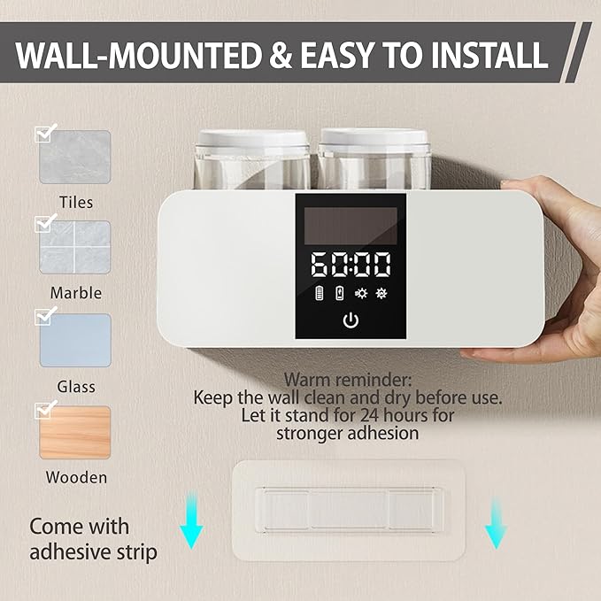 Toothbrush Cleaner & Toothbrush Holders Wall Mounted Cleaning and Air Drying LED Smart Screen and Timer Function Rechargeable Cordless Tooth Brushing Holder for Bathrooms(White)