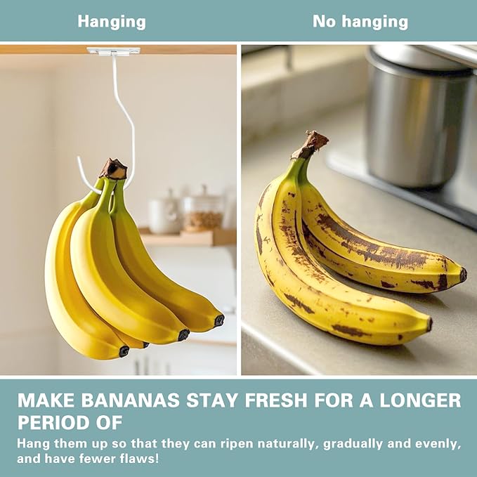 Banana Hanger Hook – Space Saving Banana Holder Hanger to Keep Bananas Fresh, Self Adhesive and Screw Banana Hook 2Pack White