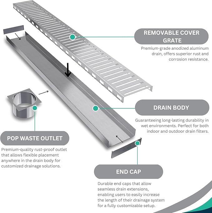 Linear Shower Drain 12 Inch- Rustproof Aluminum Shower Drain Hair Catcher, Silk Silver Drain Shower Adjustable Waste Outlet, Cut-to-Fit Design Shower Drains, Corrosion-Resistant