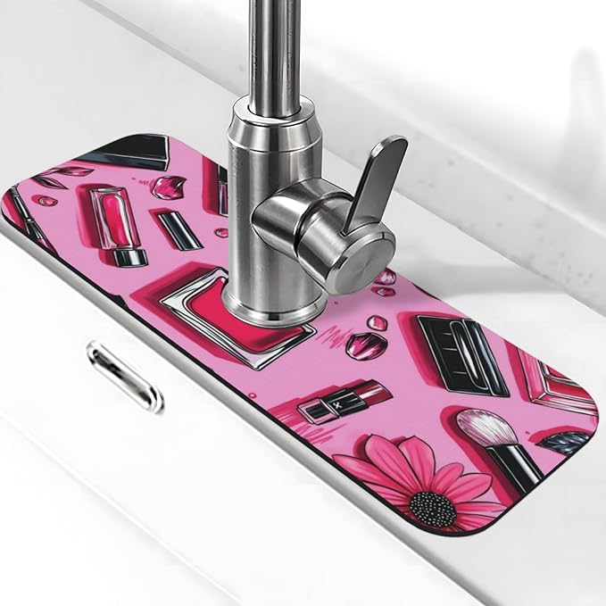 Beauty Makeup Set Pink 15" X 5.5" Kitchen Sink Splash Guard, Faucet Guard Draining Mat, Faucet Suction Pad For Kitchen Bathroom