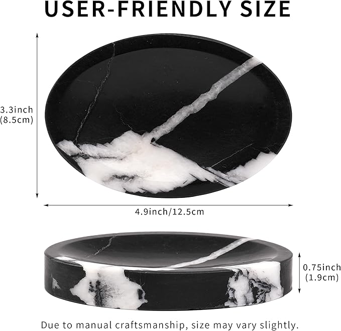 LWAMS Black Marble Soap Dish - Oval Decorative Stone Soap Bar Tray for Bathroom Sink Shower, Marble Sponge Holder for Kitchen Countertop