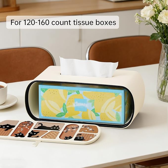 Kitty Cat Tissue Box Cover Rectangle, 4 Inches High Tissue Box Holder for 120(3-Ply)/160(2-Ply) Count Boxes, Stylish Curved Edge Tissue Holder for Bathroom Living Room Car Office (Beige)