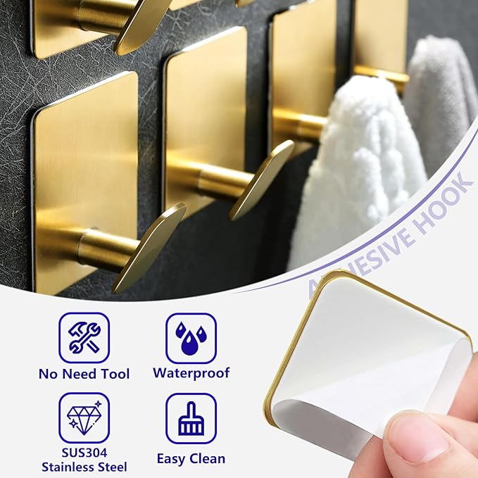 Gold Adhesive Hooks for Wall Hanging - Fit for Coat Door Towel Hooks for Bathrooms Decorative Kitchen Shower Glass Wall 304 Stainless Steel Robe &Towel Hooks Brushed Gold 4 Packs