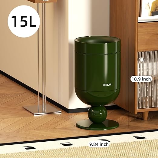 Bathroom Metal Trash Can, 4 Gallon(15 L) Garbage Can Lid-Free, Trash Bin for Bedroom, Office, Living Room (Green, Top Open)