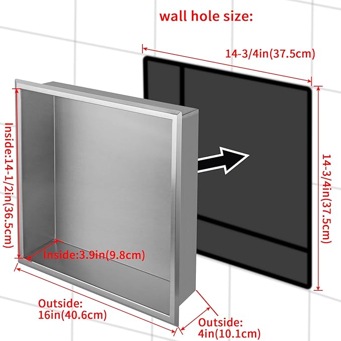 16"×16" Shower Niche Brushed Stainless Steel, Recessed Shower Caddy, Bathroom Shelf Insert Fits for 14-3/4" Square Wall Hole Installation (Nickel)