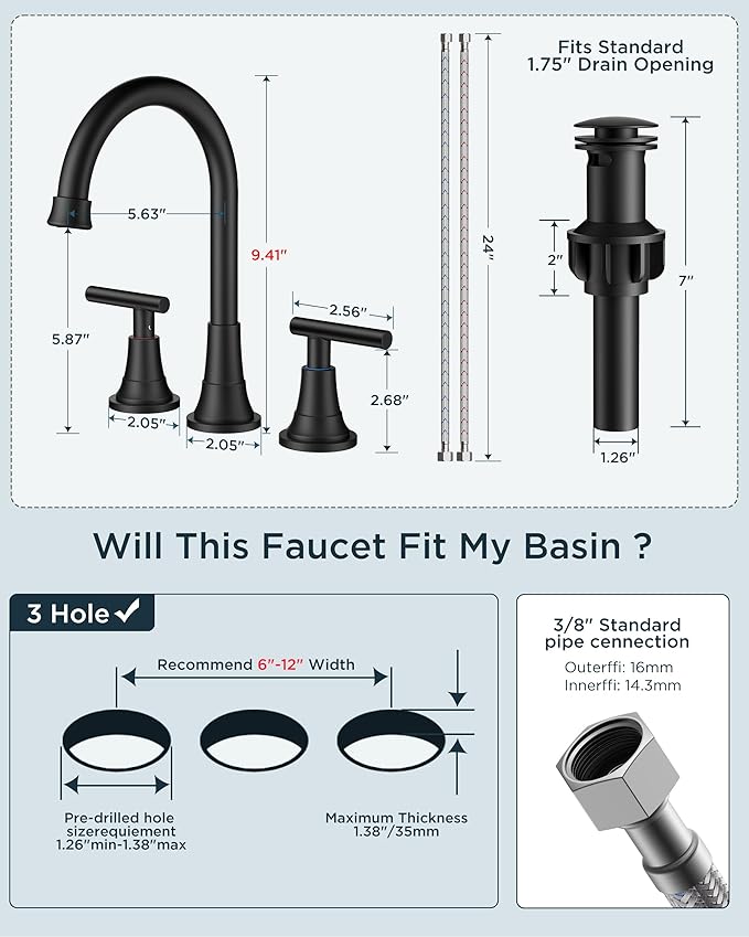 FORIOUS 8" Widespread Brushed Nickel and Black Bathroom Faucet 3 Hole, 2 Handle 360° Swivel Gooseneck 8 Inch Bthroom Sink Faucet 3 Hole Rv with Hot and Cold Water Hose, Farmhouse Restroom Renovation