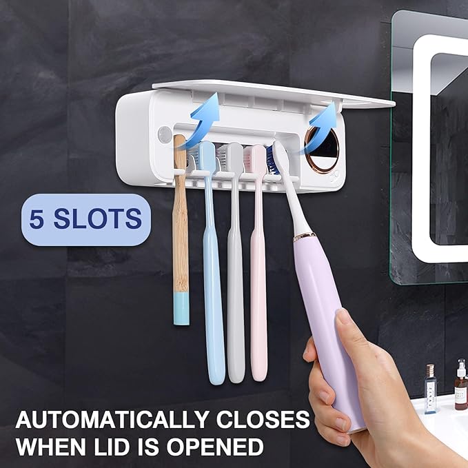 GFBEBDVToothbrush Cleaner, Electric Toothbrush Holder, Rechargeable Bathroom Wall Mounted Toothbrush Holder with Fan Drying and Timer, Holds 5 Toothbrushes and 1 Razor, Fits 99% of Toothbrushes.