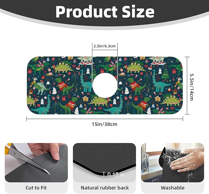 Christmas Dinosaur Tree Xmas Green Kitchen Sink Splash Guard Faucet Mat 1 Pcs, Absorbent Fast Drying Mat Gadgets Splash Guard For Bathroom 15 X 5.5 Inches