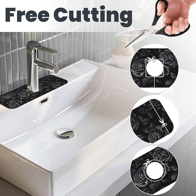 Black Rose Floral 15" X 5.5" Kitchen Sink Splash Guard, Faucet Guard Draining Mat, Faucet Suction Pad For Kitchen Bathroom