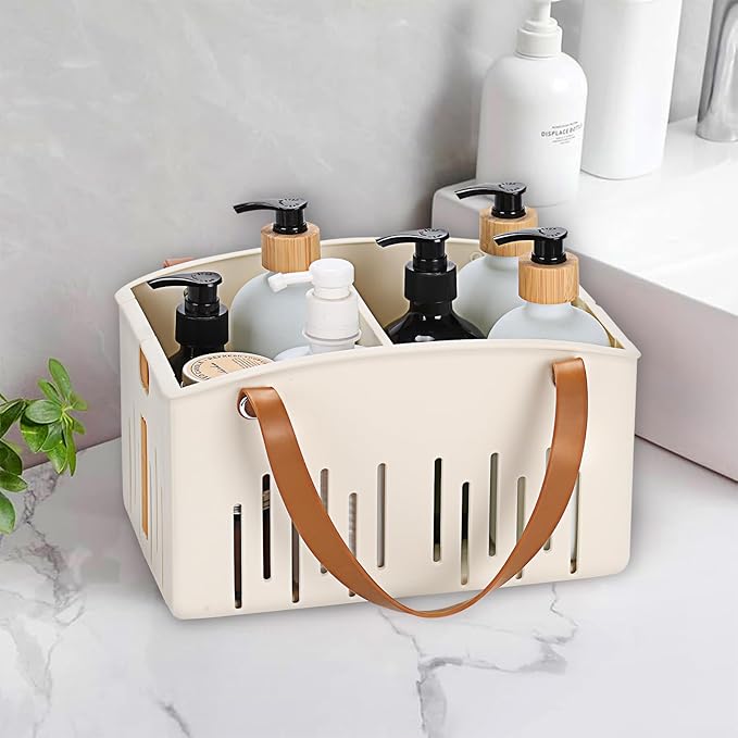 Portable Shower Caddy Collapsible Plastic Shower Basket Tote with Handles Removable Divider, Cleaning Caddy Storage Organizer for Bathroom College Dorm (White)