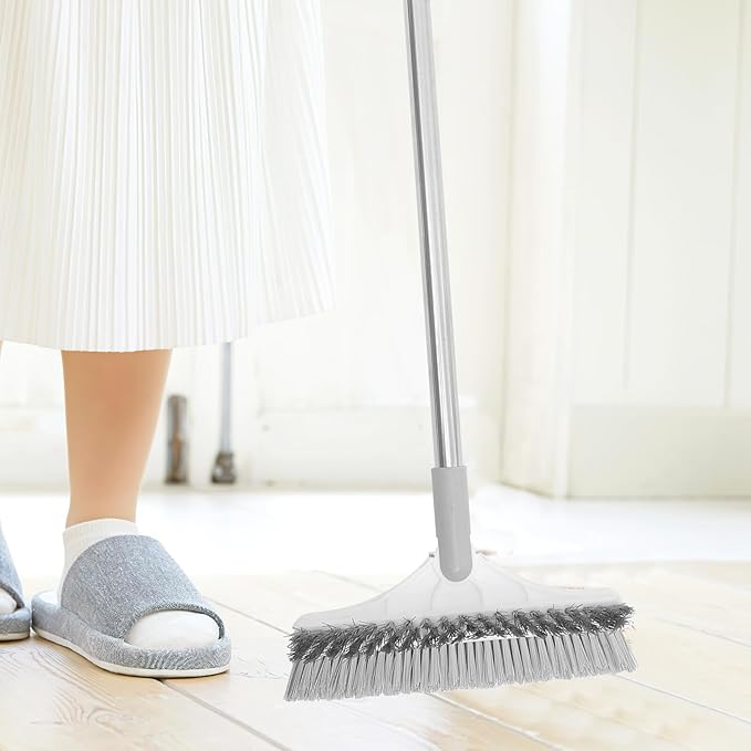 Upgraded Floor Scrub Brush with Long Handle for Bathroom and Tile Cleaning Plastic Construction Dual-Sided Design for Grout and Corner Scrubbing Hanging for Easy Storage White-Grey