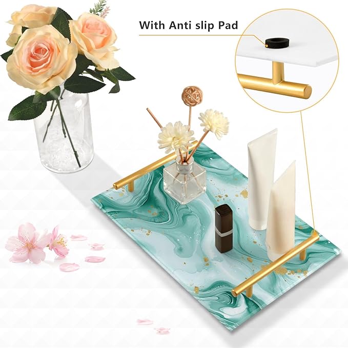 Watercolor Teal Marble Acrylic Serving Tray with Handles Bathroom Counter Trays Marbling Stone Decorative for Coffee Kitchen Desk Organizer Makeup Storage Tray