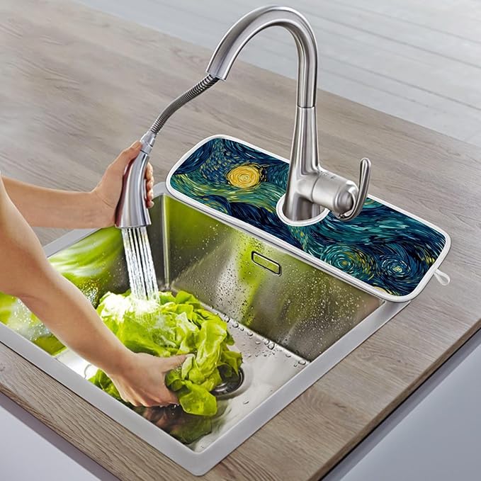 Sink Faucet Absorbing Mat Kitchen Sink Splash Guard Splash Faucet Drip Catcher for Bar RV Bathroom 2PCS 30x5.5in Starry Night Sky Swirling Neon Blue