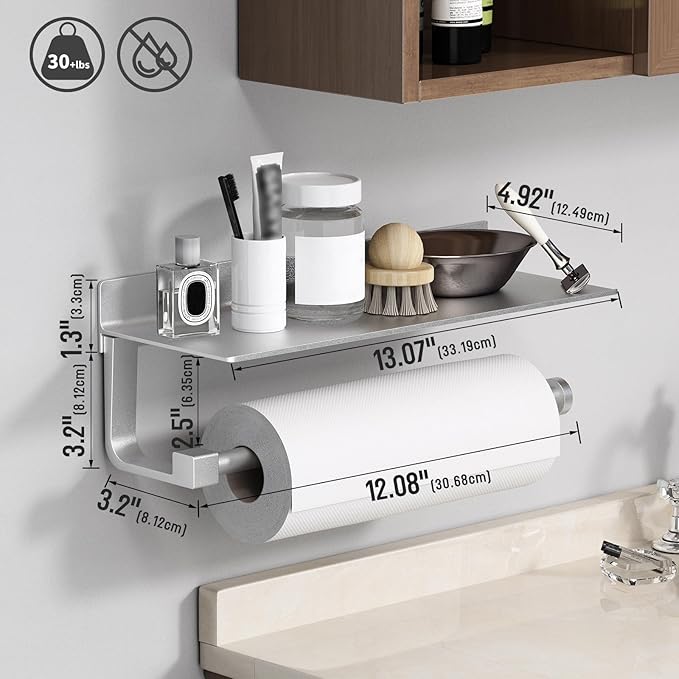 Danpoo Wall Mount Paper Towel Holder with Shelf for Bathroom/Kitchen, Adhesive Hand Towel Holder, Matte Silver