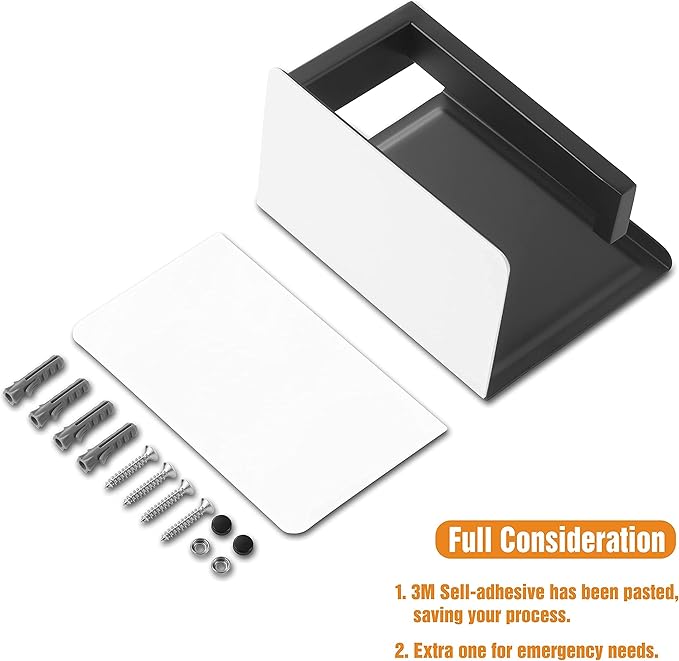 HITSLAM Matte Black Toilet Paper Holder with Shelf & 4 Towl Sticky Hooks, Self-Adhesive or Screw Mount Toilet Paper Roll Tissue Holder, SUS 304 Stainless Steel, Rustproof for RV& Bathroom Home