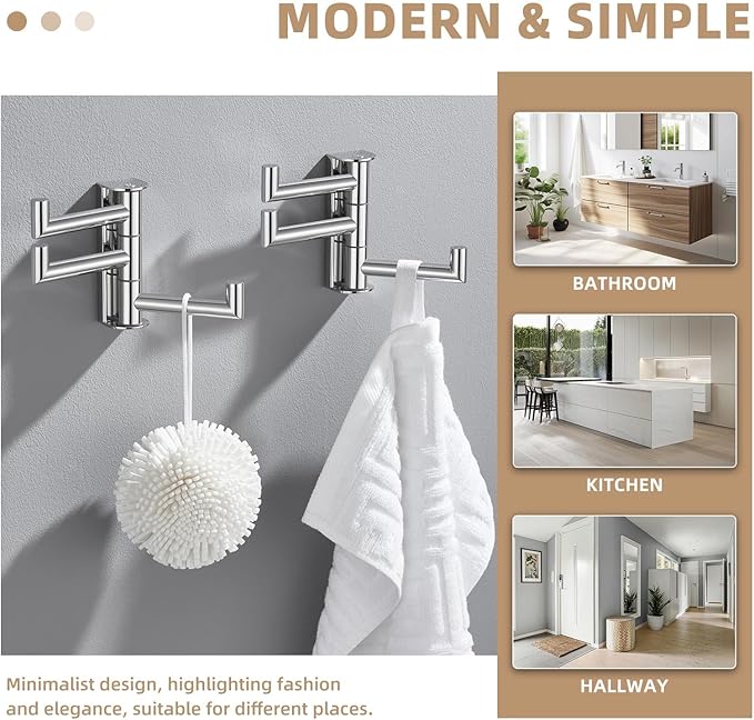 Suyar Swivel Towel Hook Polished Chrome, SUS 304 Stainless Steel Robe Holder for Bathroom with 3 Arms, 2 Pack