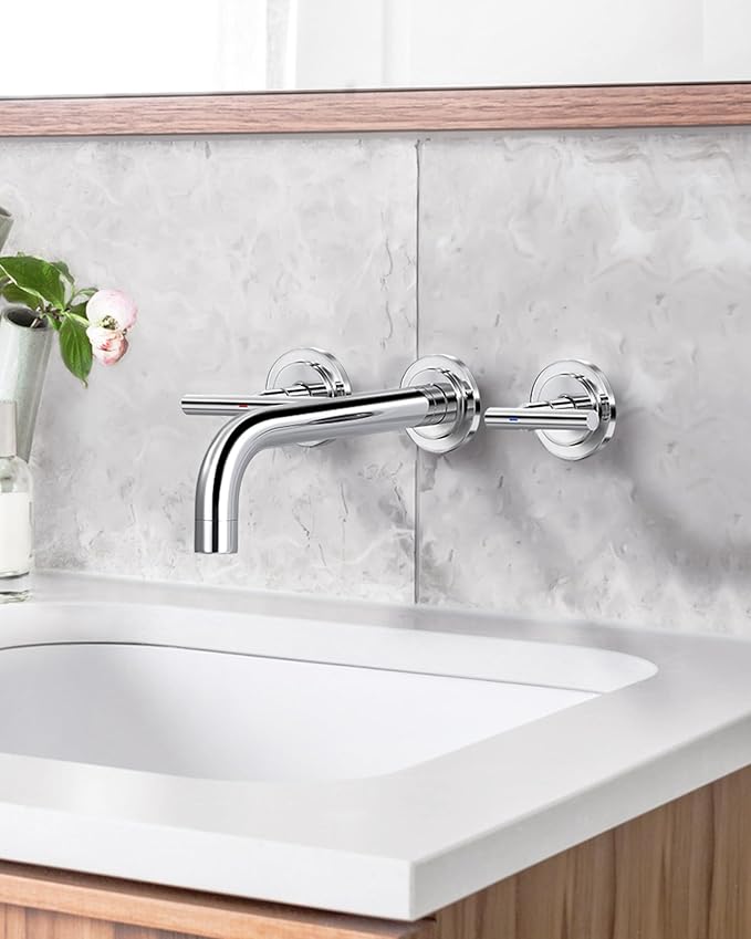 WOWOW Wall Mount Bathroom Faucet:Chrome Wall Faucet High Flow Two Handles Stainless Steels,Long Spout Reach,Widespread Bathroom Sink Faucet with Rough-in Valve 3 Holes Elegant Classic Spout