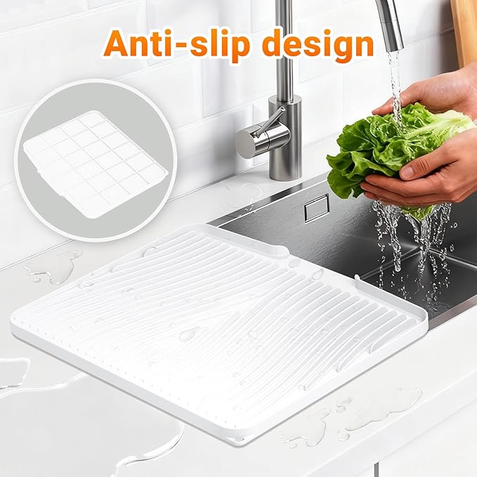 Silicone Dish Drying Mat for Kitchen Counter, Dish Drying Pad, Non-Slip Drain Pad with Built-in Drain, Heat Resistant Stone Drying Mat, Ivory-15.8" x 13"