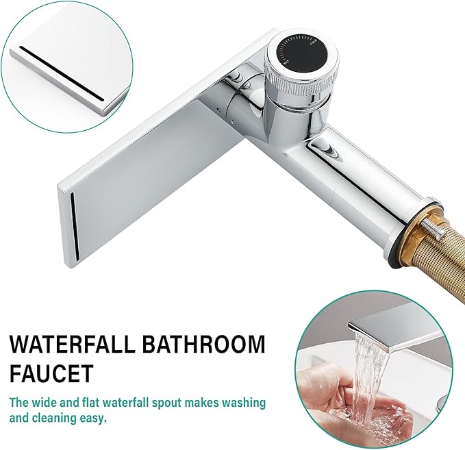 becola Modern Chrome Bathroom Faucet， Waterfall Faucet for Bathroom Sink， Single Hole Bathroom Sink Faucet Cold and Hot Basin Mixer Tap， Single Handle Bathroom Faucet with Adjust Knobs and Deck Plate