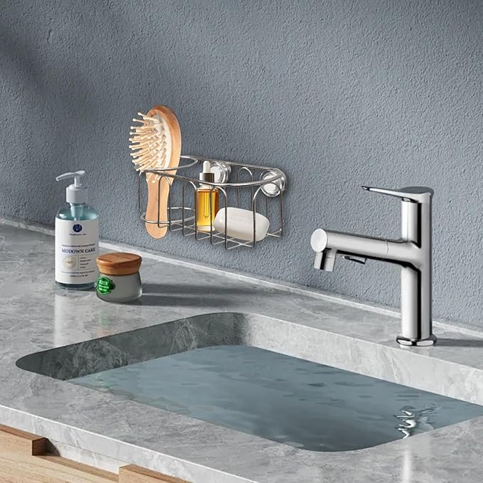 Sink Sponge Holder, Magnetic Kitchen Sink Caddy Holder, 304 Stainless Steel Sink Brush Holder+Sponge Holder, Two Suspension Modes, Sink Drain Frame- Silver (Magnet + traceless suction cup)