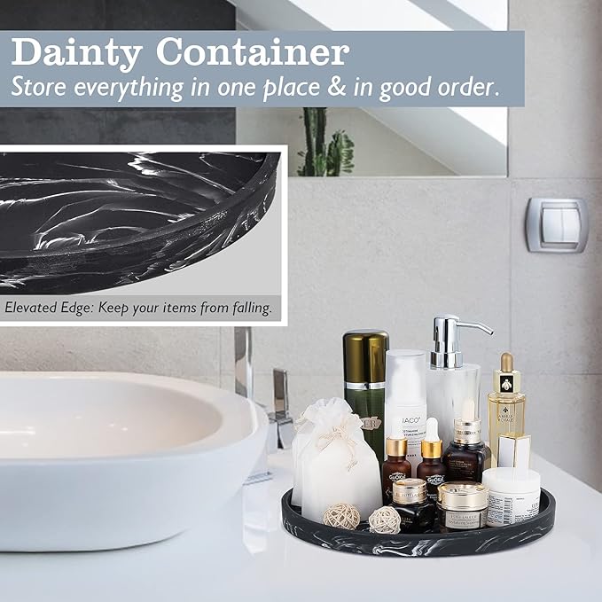 Emibele Vanity Tray, Resin Round Tray Decorative Storage Organizer for Bathroom Toilet Tank Bedroom Kitchen Countertop, Jewelry Storage Dresser Tray for Candle,Lotion Bottle,Cosmetics, Matte Ink Black