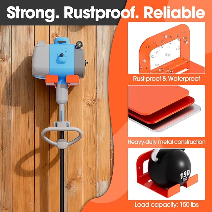 4-Pack Garage Organizer Trimmer Rack, Weed Eater Hanger, Matel Wall Hooks Weed Wacker Holder, Heavy Duty Wall Hangers for Grass Trimmer, Hedge Trimmer, Garden Tools Storage, Orange