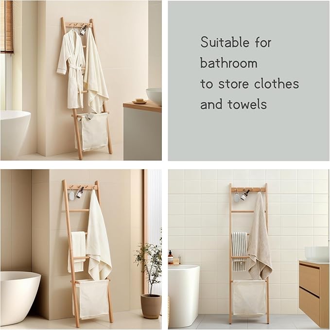 Beech Wood Blanket Ladder, 5.3ft Natural Farmhouse Quilt Holder with Top Hooks, 4-Bar Decorative Throw Rack, Towel Shelf for Living Room, Bedroom, Small Space Storage (Natural Cloth Bag)