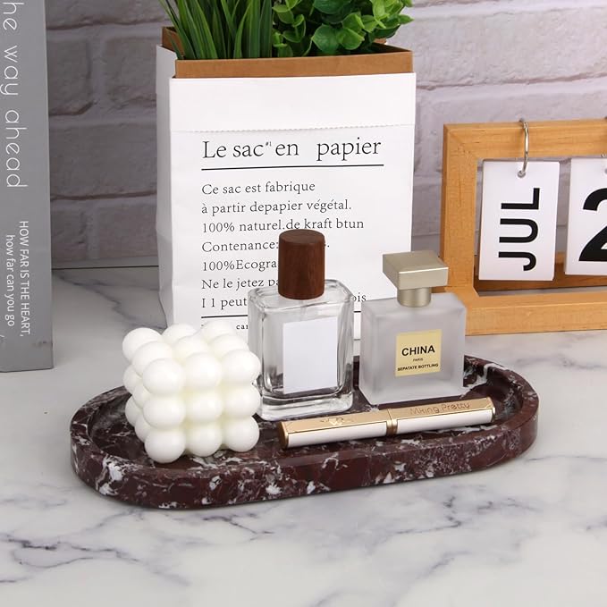 Oval Marble Bathroom Vanity Tray, Natural Luxury Marble Home Kitchen Bathroom Table Tray, Stone Decorative Countertop Serving Trays for Coffee Perfume Jewelry Makeup(Rosso Lepanto, 10 * 5 * 0.6)