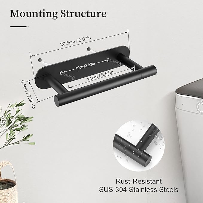 2 Pieces Matte Black Toilet Paper Holder, Upgraded Commercial Toilet Paper Dispenser Toilet Roll Holder, Modern Double Base Paper Towel Holder Wall Mount for Bathroom, Kitchen