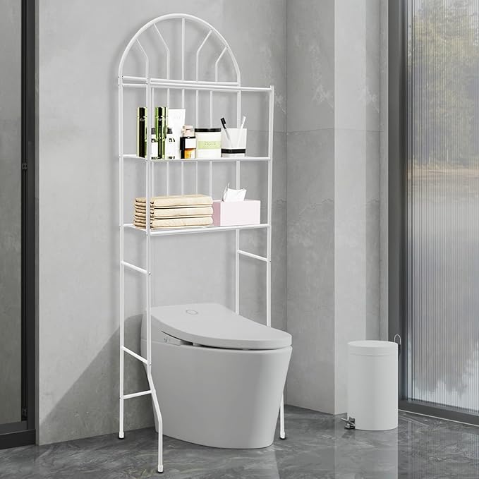 3-Tier Over The Toilet Storage Rack – Sturdy Metal Bathroom Organizer Shelf with 55 lbs Capacity, Freestanding Over Toilet Shelf Space Saver for Towels, Toiletries & Laundry, White