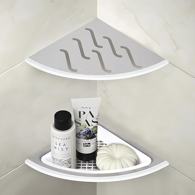 10" Corner Shower Shelf 2pcs with Basket and Recessed Shower Corner Shelf, 14 Guage Thick 304 Stainless Steel Grounted in for Tiled Wall, No Drilling Holes Needed.