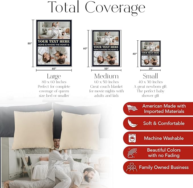 Ships Next Day, Custom Blanket with Picture and Text - Printed in USA, Personalized Photo Blanket with Text (Fleece 96x120)