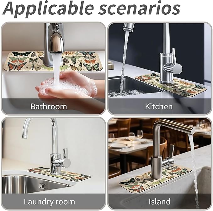 Kitchen Sink Splash Guard，moths and butterflies Faucet Mat Sink Gadgets-Super Absorbent Fast Drying Mat Drip Catcher for Kitchen, Bathroom,Sink Mat, Dish Drying Mat, Bathroom(15" X 5.5" )