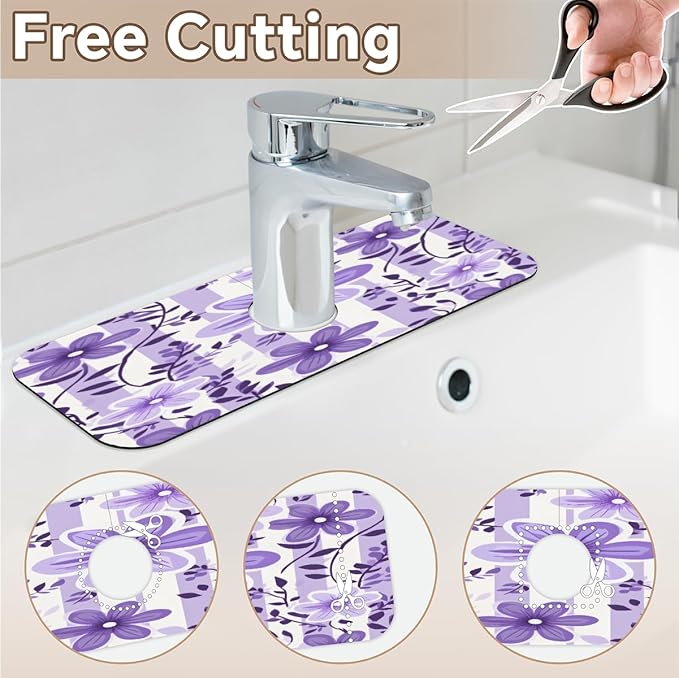 Purple Floral Stripe Kitchen Faucet Mat Splash Guard, 15.4”x5.7” Absorbent Quick Drying Sink Mat for Countertop Protection, Draining Mat Sink Protectors For Kitchen Bathroom, 1 Pack