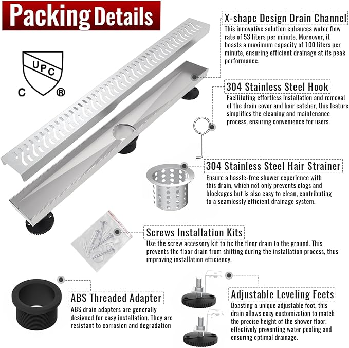 36 Inch Linear Shower Drain, Brushed Nickel Shower Drain, Removable Grate, 304 Stainless Steel, Easy to Install and Clean for Bathrooms (Drain Base Not Included), LSD-51A-36S