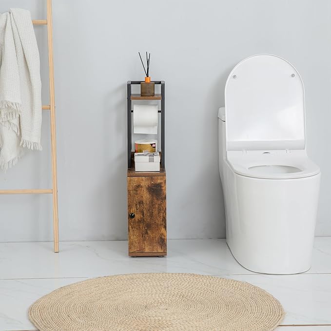 Small Narrow Bathroom Storage Cabinet w/Toilet Paper Roll Holder, Slim Toilet Paper Storage for Bathroom, Brown
