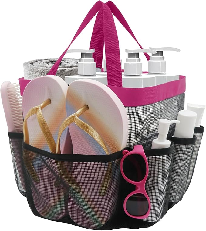 Mesh Shower Caddy Portable, Shower Tote Bag for Dorm Room Essentials, 8 Pockets Large Shower Basket for College Gym Beach Camping (1, Rose Red)