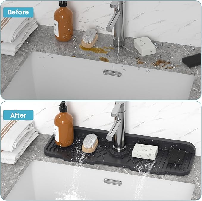 Silicone Faucet Splash Guard, TOOVEM Kitchen Sink Splash Guard Behind Faucet 17.1 x 5.9 Inch, Faucet Handle Drip Catcher Tray, Sink Splash Guard Mat Faucet for Kitchen and Bathroom, Farmhouse, Bar