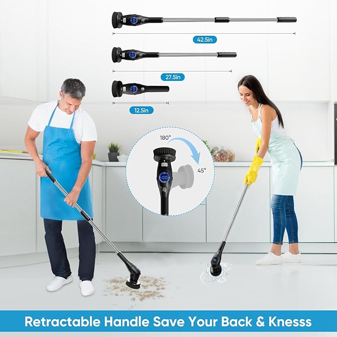 Electric Spin Scrubber, Asknoon Upgraded Power Cordless Shower Scrubber, 8 Replacement Heads, 1.5H Adjustable Bathroom Scrubber 3-Speed Up to 460 RPM with Extension Arm for Bathtub Tile Floor (Black)