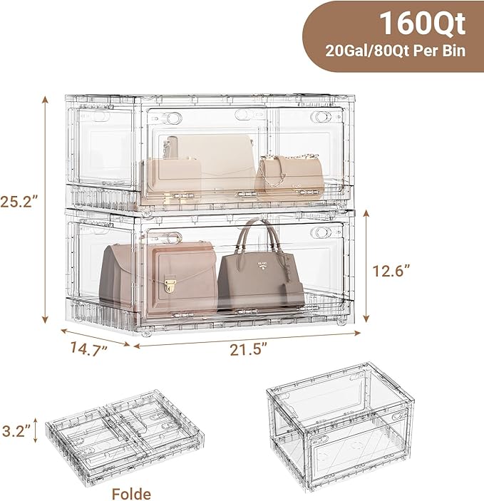 BROVIEW 160Qt Stackable Storage Bins with Lids Wheels, XL Clear Plastic Drawers Foldable Closet Organizers and Storage Cabinet Display Box Shelves with Front & Back Doors, for Home Office Garage,2Pack