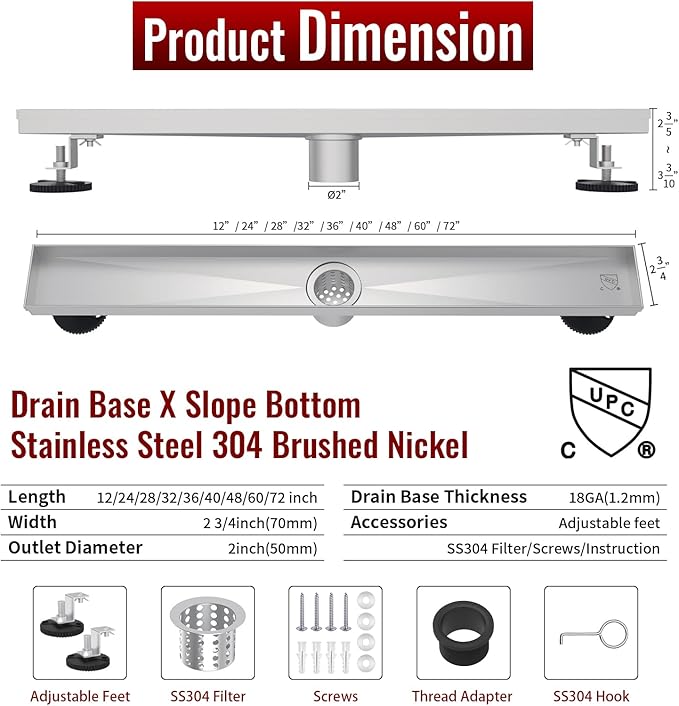 24 Inch Linear Shower Drain, Brushed Nickel Shower Drain, Removable Grate, 304 Stainless Steel, Easy to Install and Clean for Bathrooms (Drain Base Not Included), LSD-51A-24S