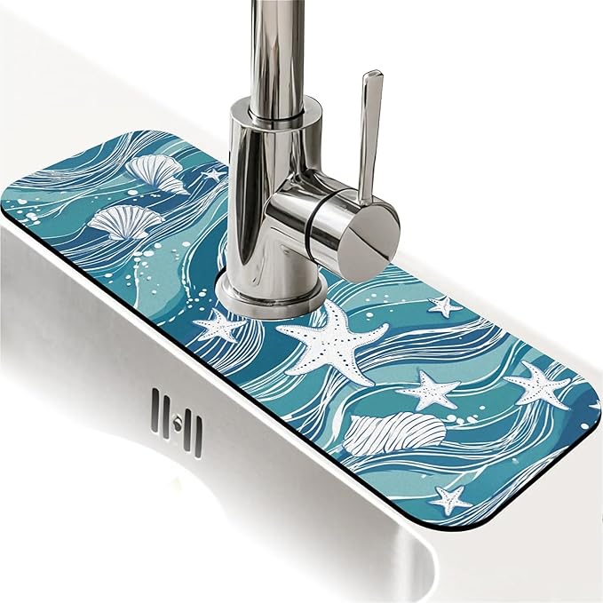 Kitchen Sink Splash Guard，Wave, starfish, shell Faucet Mat Sink Gadgets-Super Absorbent Fast Drying Mat Drip Catcher for Kitchen, Bathroom,Sink Mat, Dish Drying Mat, Bathroom(15" X 5.5" )