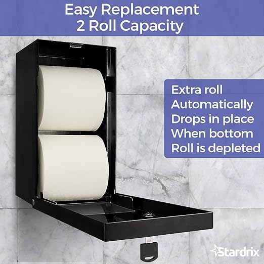 Matte Black 2 Roll Stainless Steel Commercial Toilet Paper Dispenser, Heavy Duty Wall Mount Tissue Holder with Lock for Restroom/Bathroom