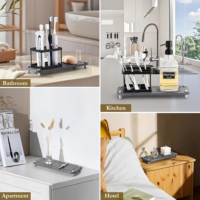 Shinowa Toothbrush Holders with Soap Dispenser and Water Absorbing Diatomite for Bathroom, Stainless Steel Tooth Brush Toothpaste Holder for Kitchen Countertop Sink, Bathroom Organizers and Storage