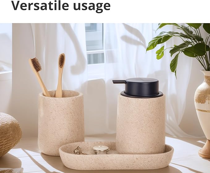 Beige Bathroom Accessories Set, 3 Pcs Resin Bathroom Accessories Complete Set, Sandstone Look Soap Dispenser with Large Pump, Toothbrush Cup, Soap Dish for Modern Home Decor and Kitchen