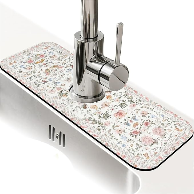 Kitchen Sink Splash Guard，White and pink flowers Faucet Mat Sink Gadgets-Super Absorbent Fast Drying Mat Drip Catcher for Kitchen, Bathroom,Sink Mat, Dish Drying Mat, Bathroom(15" X 5.5" )