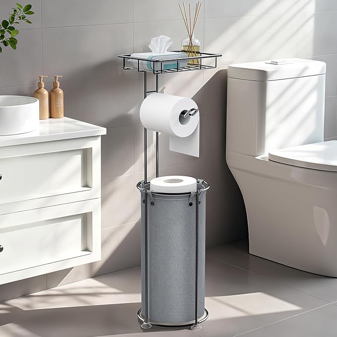 Lewondr Free Standing Toilet Paper Holder, Toilet Paper Holder with Shelf, Bathroom Tissue Roll Storage Rack with Storage Bag for 3 Rolls of Tissue, Gray