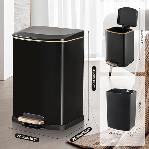 ELPHECO Bathroom Trash Can with Lid 4 Gallon / 15.1 Liter Stainless Steel Garbage Bin with Pedal Black Trash Can with Removable Inner Bucket for Kitchen (Matte Black)
